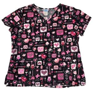 SB Scrubs Top Women's XL Black Pink Red Hearts Valentines Day Love Bug Bee Mine
